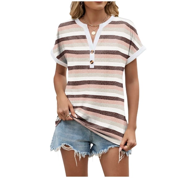 Striped T Shirt Women - V Neck Button - Short Sleeve Graphic Tees Loose Fit Pullover Basic Tops,for Streetwear Brown XL