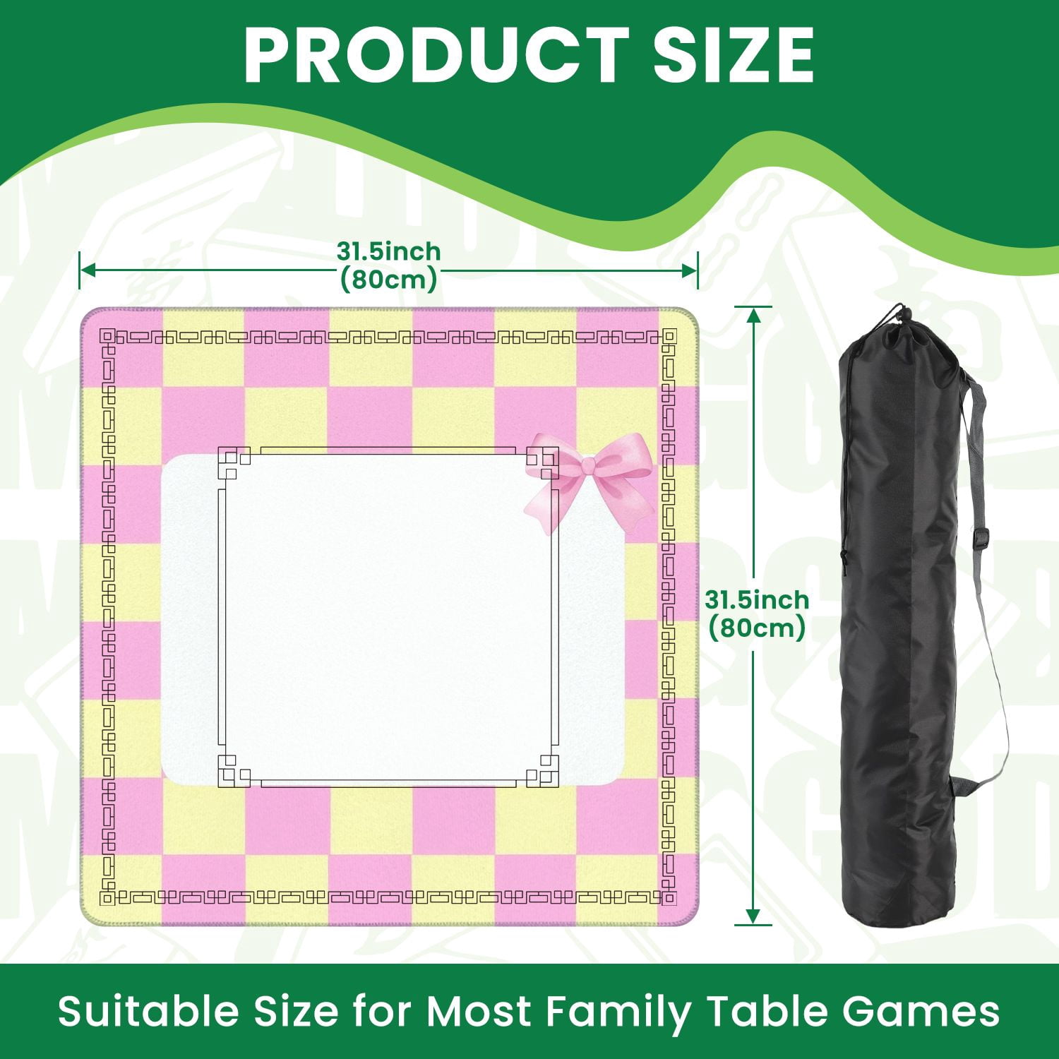 Mahjong Mat 31.5" x 31.5" Pink Yellow Checkered Decorative Bow Frame Non-Slip Noise Reduction American Mahjong Tiles Table Cover for Dominoes Poker Card Board Games Gift