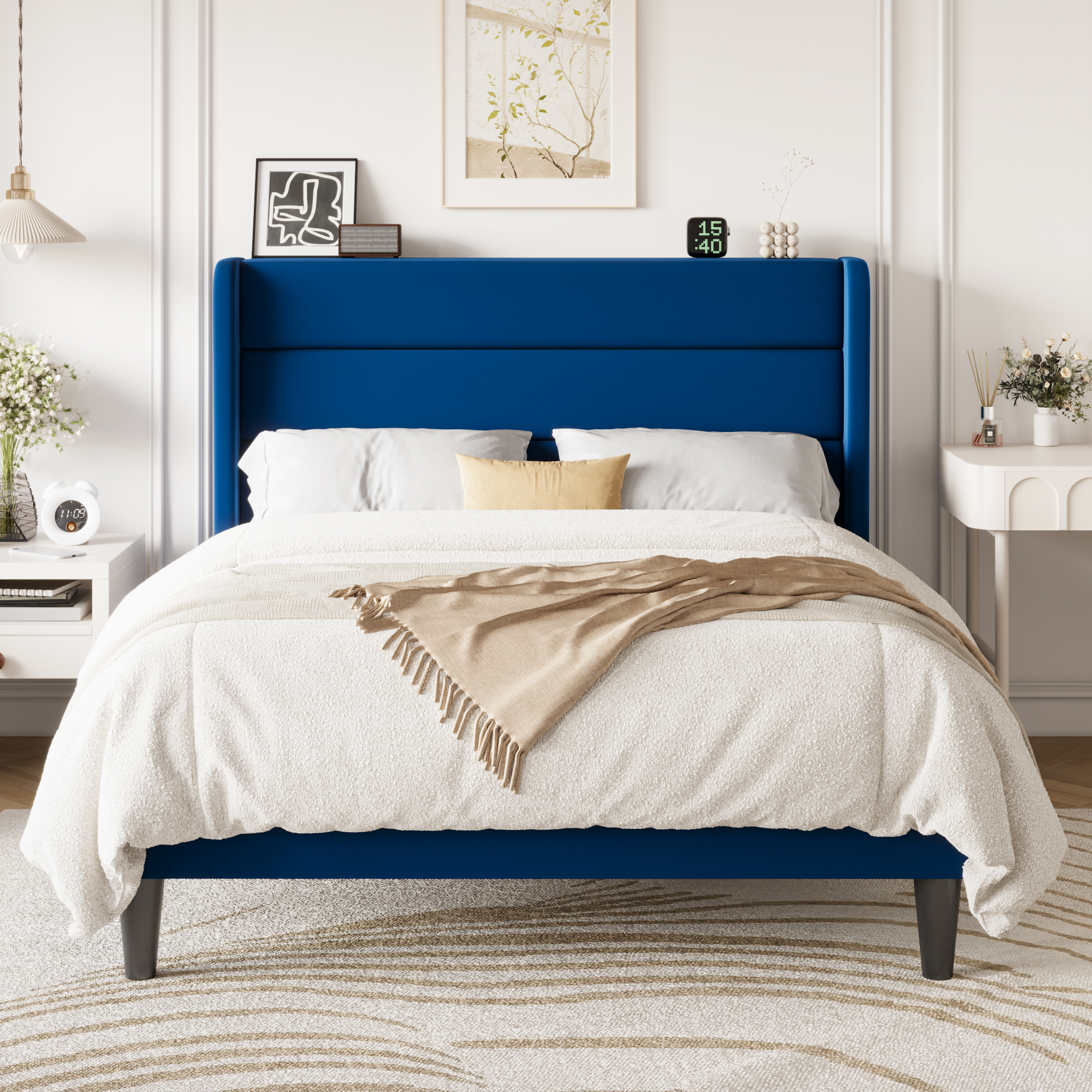 Einfach Queen Size Luxury Velvet Upholstered Platform Bed Frame with Wingback Headboard, Dark Blue