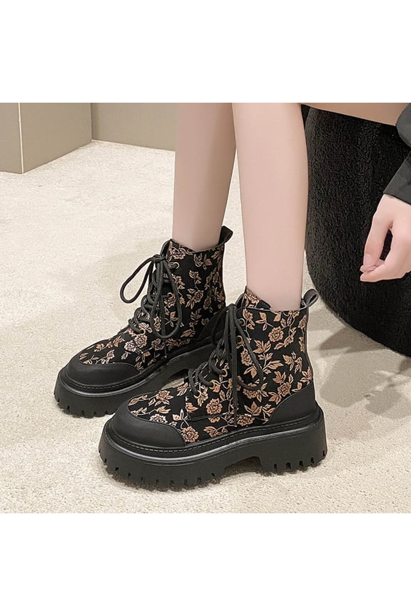 Womens Platform Boots Round Toe Flat Ankle Boots Punk Boots Lace Up&Zipper Combat Boots