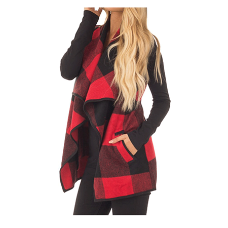 - Women's Lapel Open Front Plaid Vest Cardigan with Pockets, Red / Khaki / Black Long Outwear Sleeveless Blouse Coats for Women, S-XL