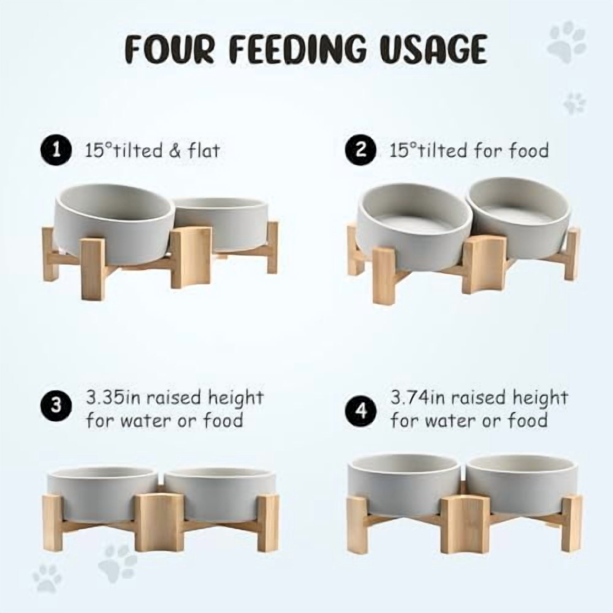 15° Slanted Ceramic Dog and Cat Bowl with Wooden Stand, Tilted Bulldog Food and Water Bowl No Slip Non-Spill for Cats Medium Dogs Big Face Pets 13.5 OZ (1.7 Cups, Grey × 2)