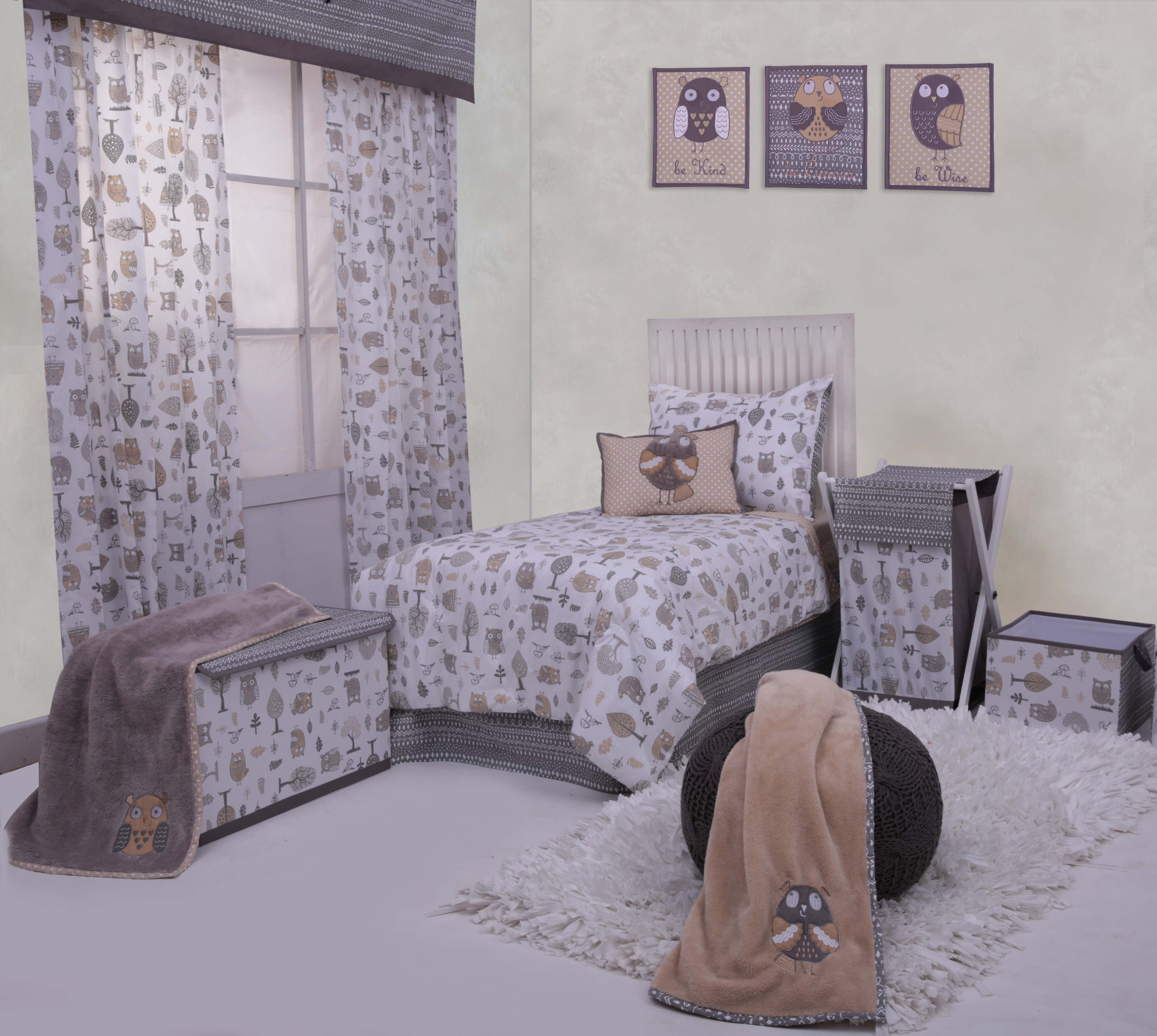 Bacati - Owls Grey/Beige Neutral Cotton Crib/Toddler Crib Skirt