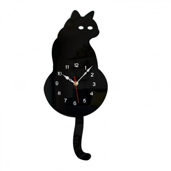 Cat Pendulum Wall Clock, Cat Clock with Moving Tail,Living Room Office Café Bedroom, Gift for Cat Lovers(black cat-Having eyes)