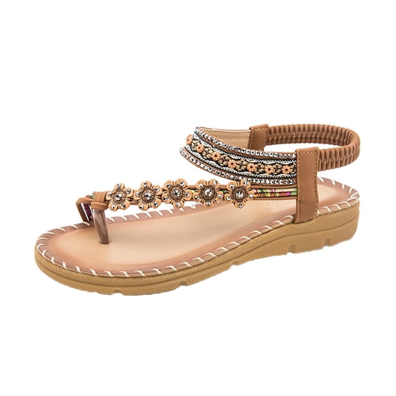 JeashCHAT Bohemian Beaded Beach Flat Sandals for Women Dressy Summer Comfortable Walking Shoes Slip On Open Toe Rubber Sole Cushioned Casual Womens Sandal