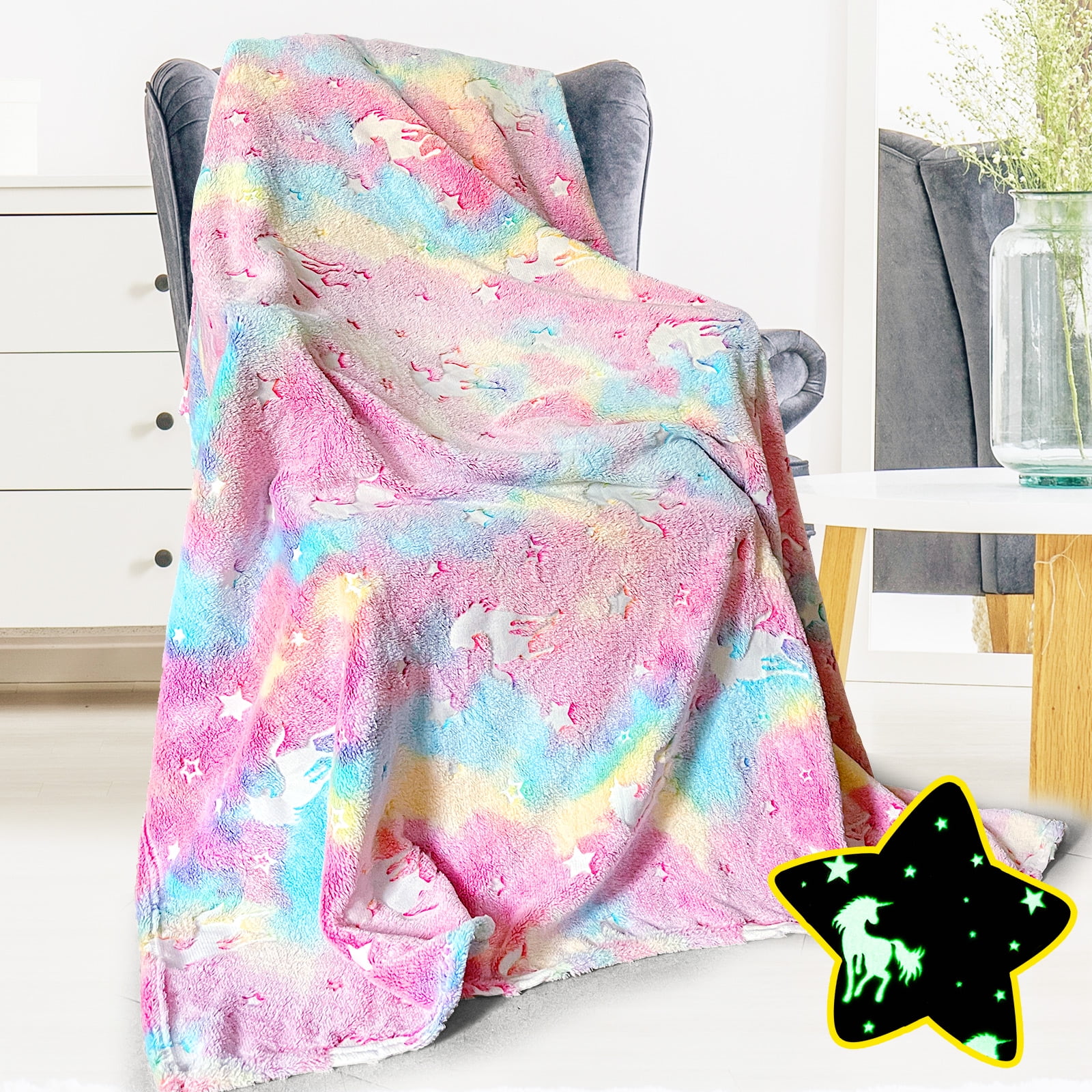 Glow in The Dark Unicorn Blanket 50" x 60", Soft Cozy Flannel Fleece