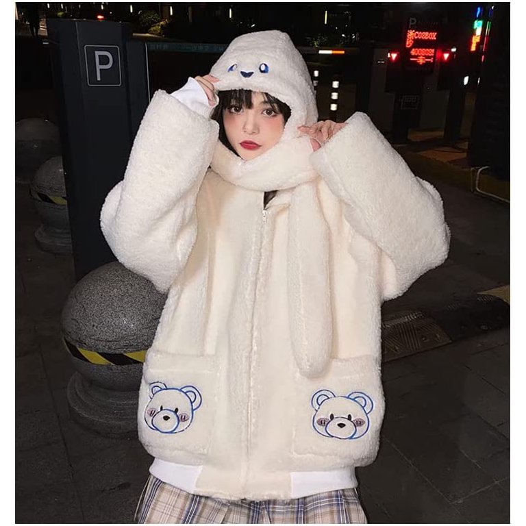 DanceeMangoo Women Kawaii Bear Scarf Hooded Jacket 2 in 1 - Sherpa Japanese  Cute Zip Up Coats Preppy Fleece Warm Outwear Winter