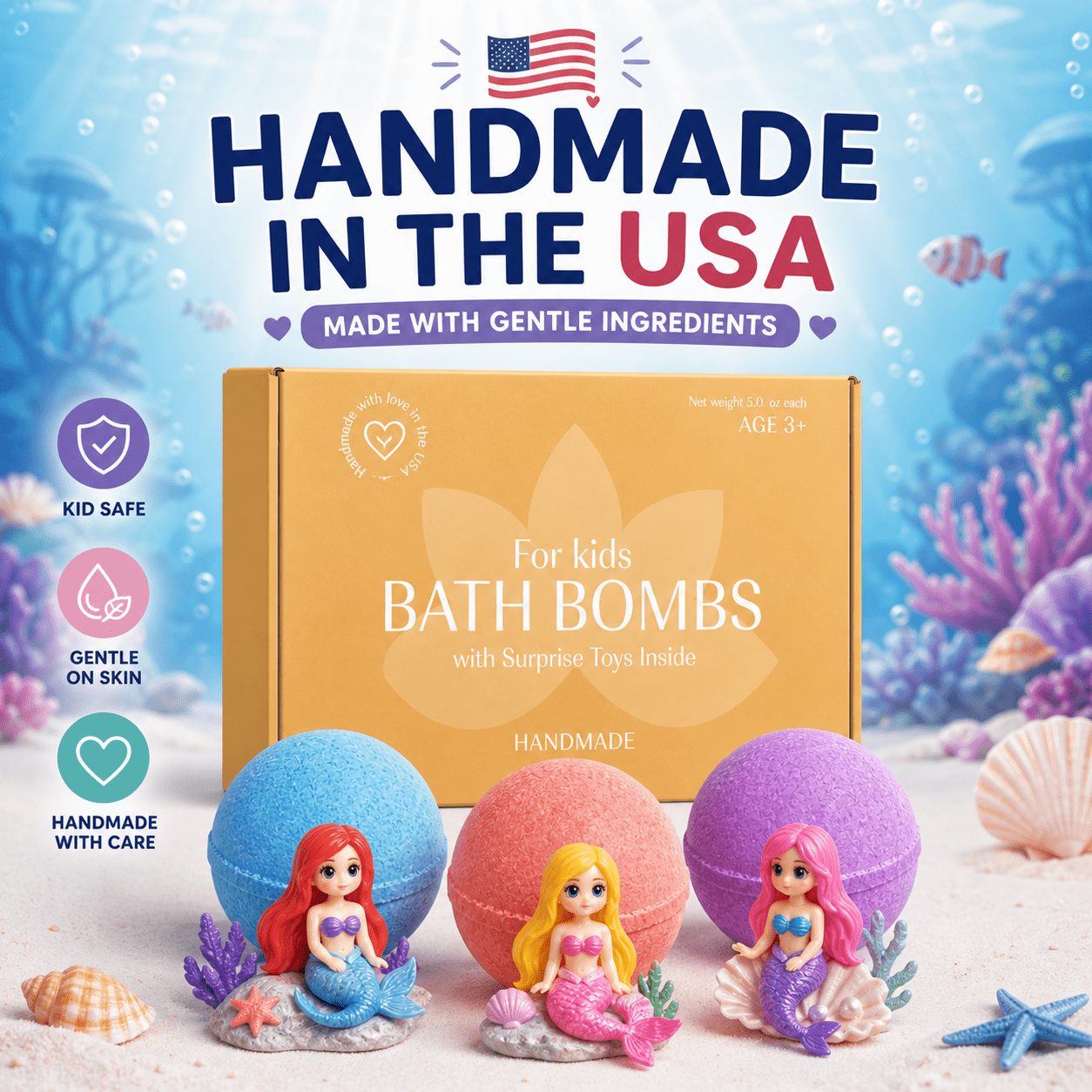 Big Bath Bombs for Kids with Surprise Inside Amazing MERMAID Big Toys Handmade in USA Natural and Safe by Relaxcation 3 Set