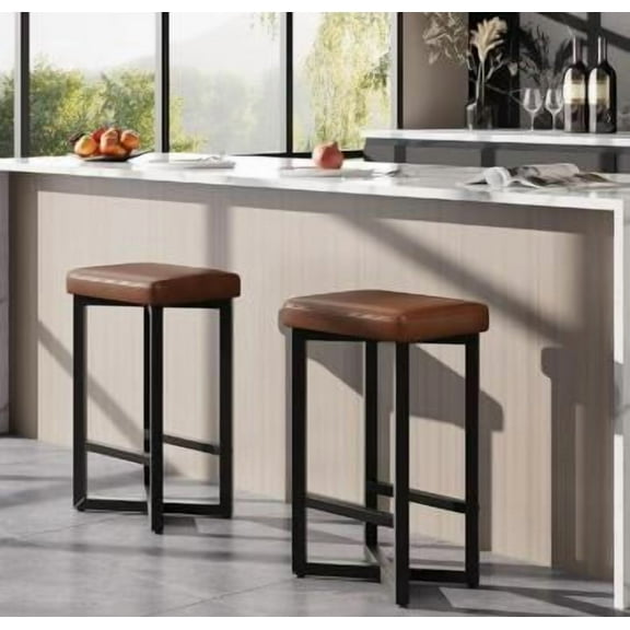 Trilenars Bar Stools Set of 2,24.6" Upholstered Counter Height Bar Stools with Metal Frame & Footrest,Modern Backless Kitchen Barstools with PU Leather for Dining Room,Vintage Brown