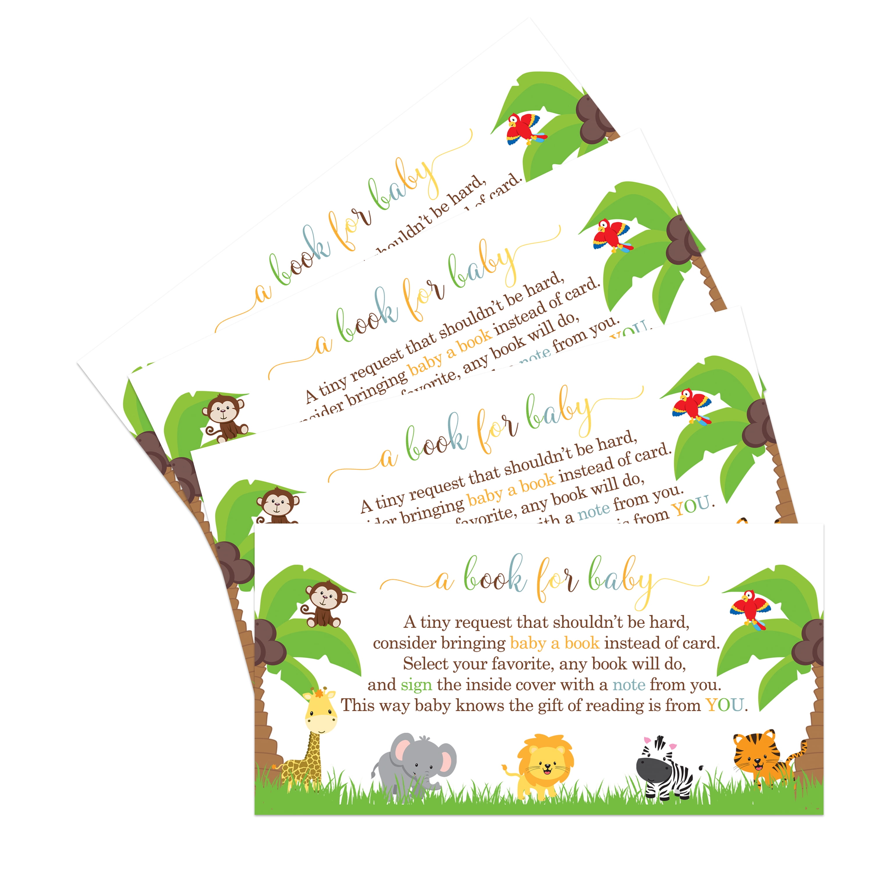 Cute Jungle Bring a Book for Baby Shower Pack of 25 Invitation Insert Cards for Raffle Game Ideas Neutral Boys Girls Wild Safari Animal Event Theme Paper Clever Party