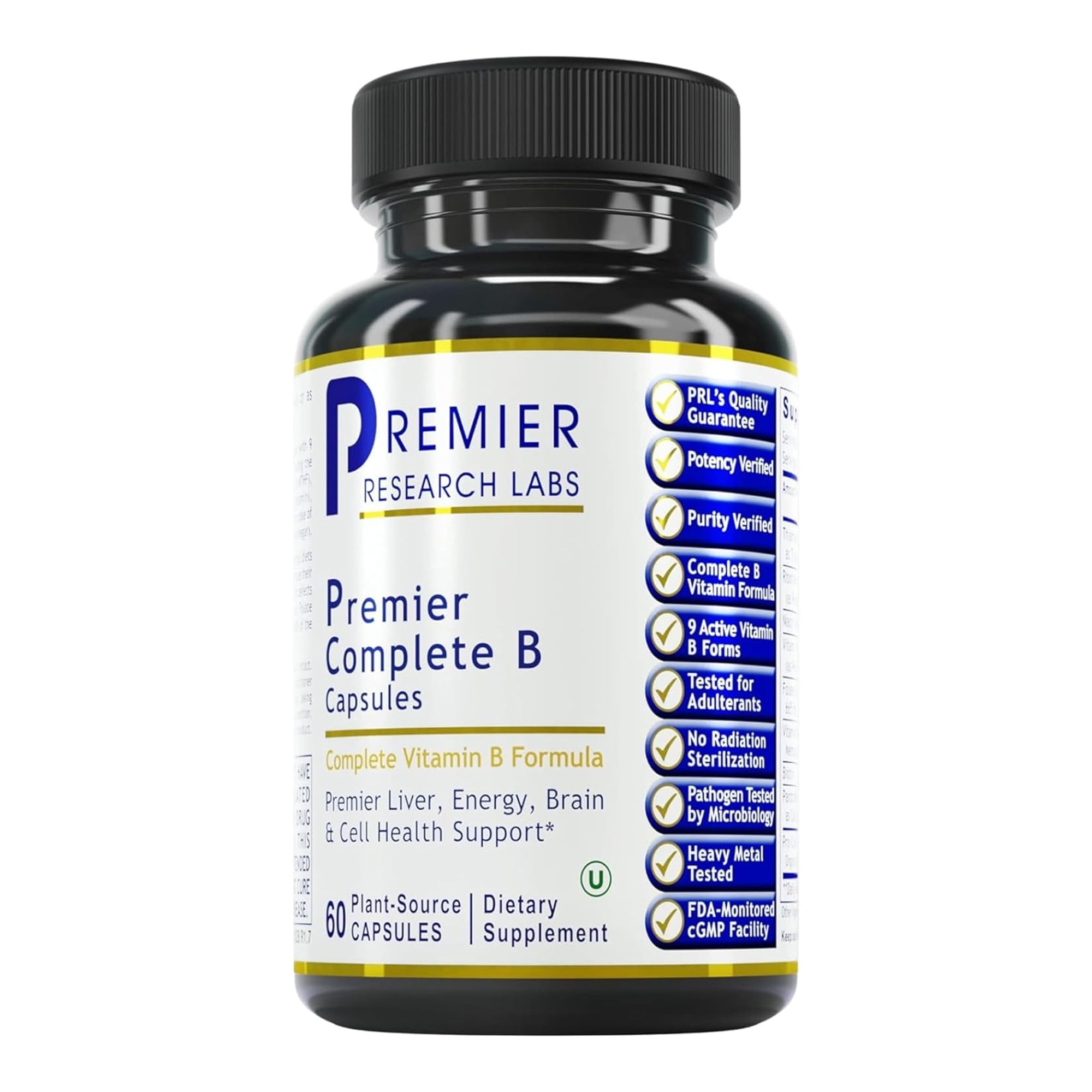 Premier Research Labs Complete B Premier - Vitamin B Complex - 9 Active B Vitamins - Liver, Energy & Brain Support - B Vitamin with Biotin, Thiamine, Folate & More - 60 Plant-Sourced Capsules