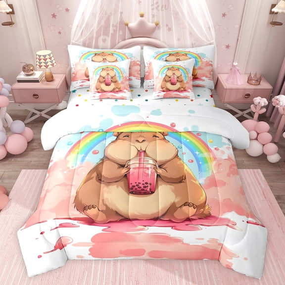Feelyou Kawaii Boba Capibara Bedding Comforter Set 7pcs for Teens, Dreamy Cartoon Rainbow Queen Bedding Sets, Pink Watercolor Reversible Queen Sheet Sets, Luxury Bedroom Decor