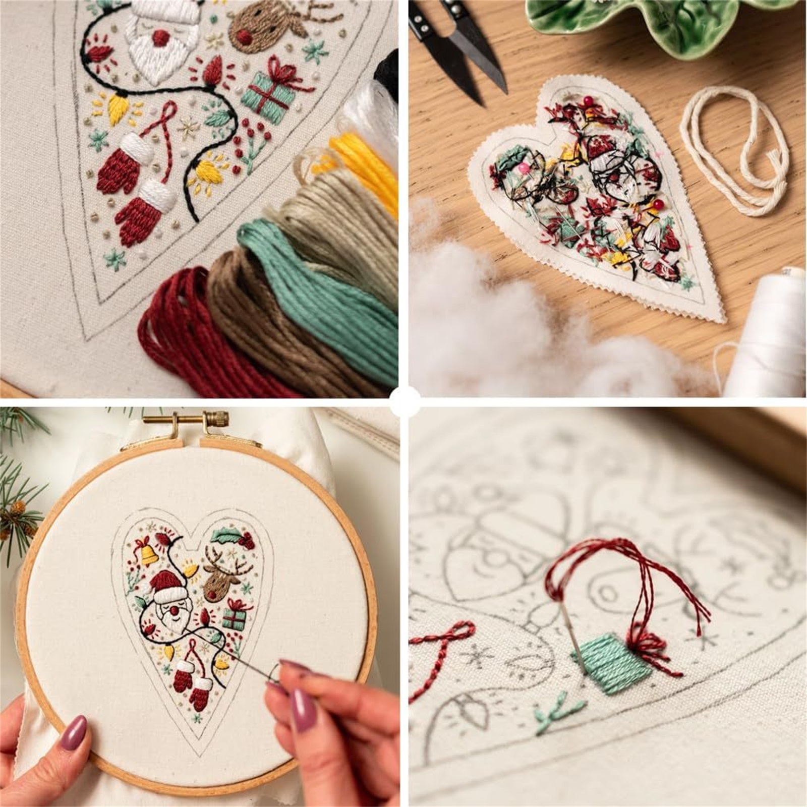 Embroidery Christmas Ornament Kits, Hand Embroidery Tree Hanging Ornament, DIY Heart Embroidery Christmas Decoration Cross Stitch Kit with Needles
