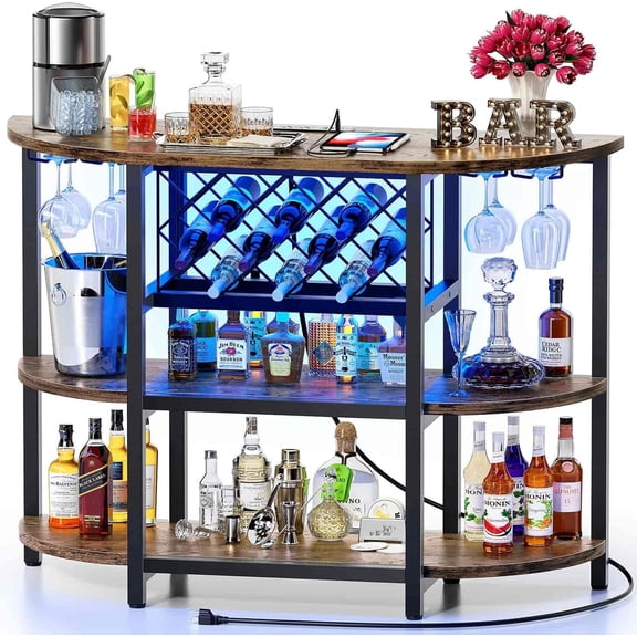 Bigleap 4-Tier Floor Bar Cabinet with LED Lights & Power Outlet, Freestanding Wine Rack and Coffee Bar Station with Glass Holder, Brown