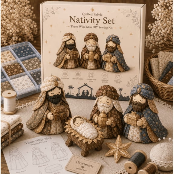 DIY Patchwork Nativity Scene Sewing Kit - Complete Sewing Craft Set with Instructions, Beginner Friendly Rustic Tiered Tray Decoration for Christmas Fall Harvest