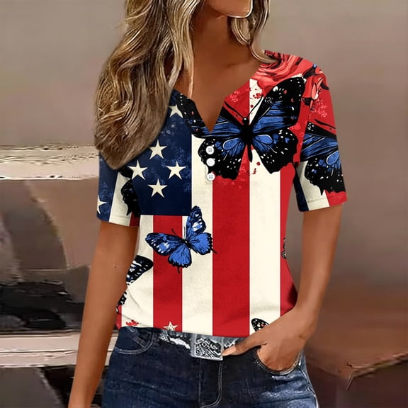 Vetsdori Summer T Shirts for Women American Flag Graphic Pullover Short Sleeve Independence Day V-Neck Fashion , Casual Red White and Blue Womens Tops July 4th
