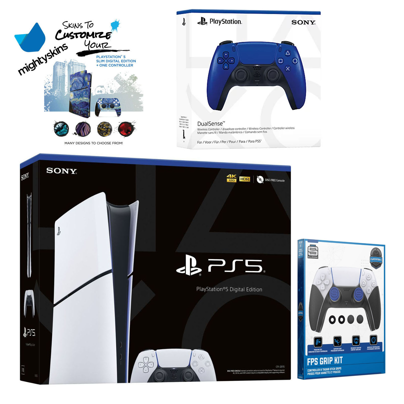 Sony PlayStation 5 Slim Digital with Extra Cobalt Blue Controller, FPS Grip Kit and MightySkins Decal Voucher