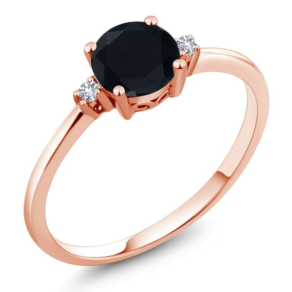 Gem Stone King 10K Rose Gold Black Onyx and White Created Sapphire Solitaire Engagement Ring for Women (0.83 Cttw, Round 6MM, Gemstone December Birthstone, Size 7)