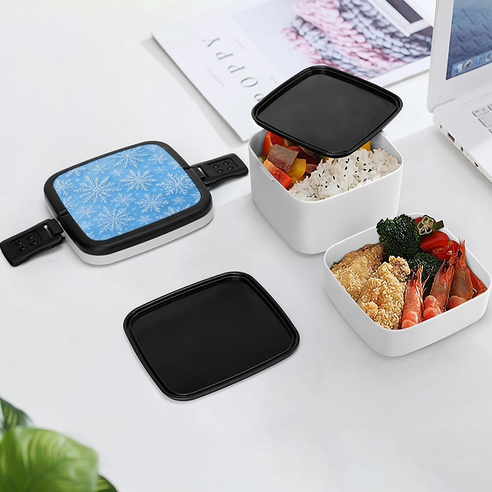 5.3×4.3in Double-Layer Bento Box Sealing Leakproof Partition Design Buckle Design Convenient Switch With Handle Winter Snowflake Pattern
