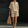 thumbnail image 2 of Aoiroe Womens Casual 2 Piece Outfits Cotton Linen Sets Button Down Oversized Shirt Shorts 2026 Lounge Beach Set Khaki L, 2 of 4