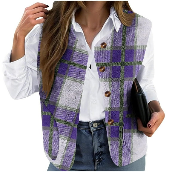 Women's Plus Size Vest Jacket Casual Double-Sided Daily Printed Loose Collarless Button Coat(Purple 2XL)