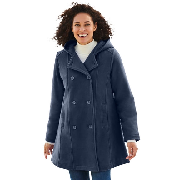 Woman Within Plus Size Double-Breasted Hooded Fleece Peacoat