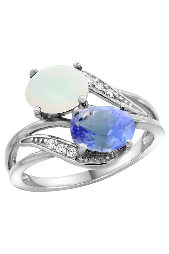 14K White Gold Diamond Natural Opal & Tanzanite 2-stone Ring Oval 8x6mm, size 8.5