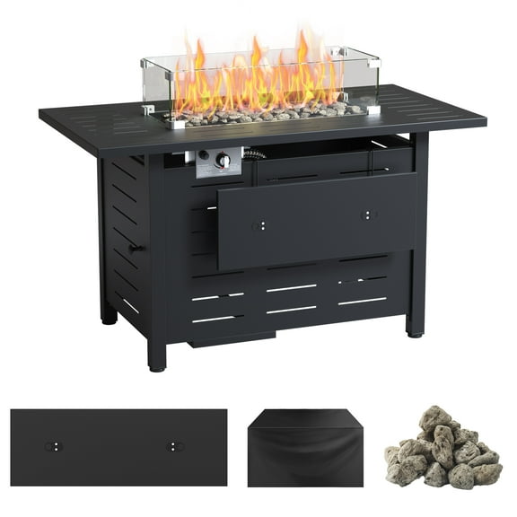 JolyDale 44" Propane Fire Pit Table, 50,000 BTU Auto Ignition Steel Gas Fire Pit with Removable Lid & Waterproof Cover for Patio, Backyard, Black