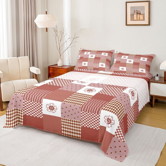 jejeloiu Abstract Grid Twin 3-Piece Microfiber Red White Check Rhombus Kids Sheet Set