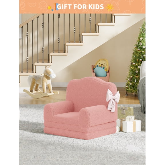 GOCAPTAIN Kids Sofa Bed, 2-in-1 Convertible Toddler Couch with Sherpa Fabric, Fold-Out Foam Lounger for Playroom & Nursery, Pink
