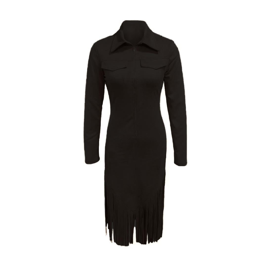 Hueook Black Western Dress Trendy Women's Solid Color Long Sleeved Lapel Turndown Collar Tassel Zipper Western Style Dress Casual Wear Dresses Black L