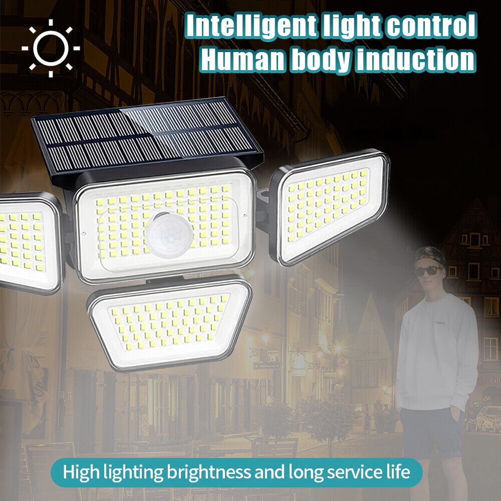 DFITO LED Solar Motion Security Lights Outdoor 4 Head 3000LM Motion Sensor Light Adjustable Flood Light Garden Waterproof