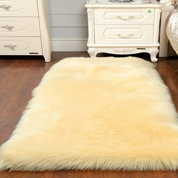 FUDAKUNA Soft Fluffy Beige Yellow Area Rug 28"x39" Faux Sheepskin Shaggy Rugs for Living Room Bedroom Carpet Floor Mat
