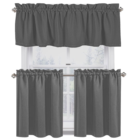 Native Fab Full Kitchen Window Curtain Tiers Valance Set 100% Cotton - Rod Pocket - 3 Piece - Grey