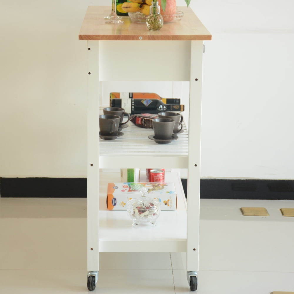 Highsound Wooden Kitchen Island Cart with Lockable Wheels, 3 Tier Utility Kitchen Storage Carts Table with 2 Drawers