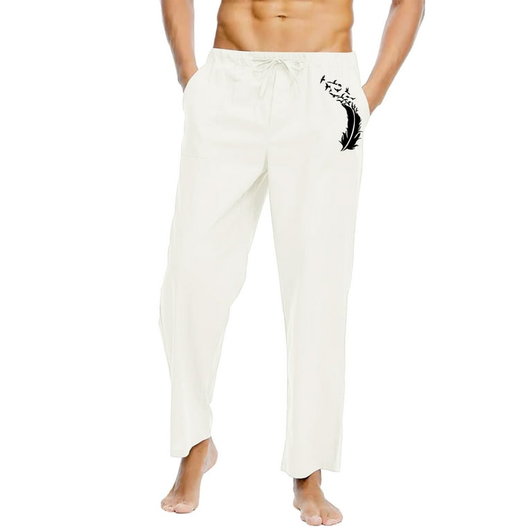 XFLWAM Men's Casual Drawstring Straight Fit Beach Linen Capri Pants White  5XL 