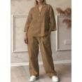thumbnail image 4 of Womens Cotton Linen 2 Piece Sets V Neck Button Down Long Sleeve Shirt Wide Leg Trouser Sets with Pockets Khaki L, 4 of 5
