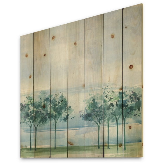Designart 'Tree Across the Lake Under Blue Sky' Traditional Print on Natural Pine Wood