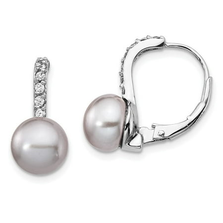 Diamond2Deal 925 Sterling Silver Rhodium-plated Grey Freshwater Cultured Pearl and CZ Leverback Earrings for Women (L- 0.72 inch, W- 0.33 inch)