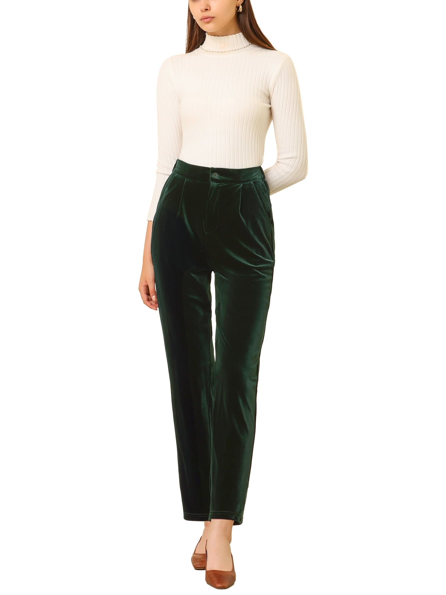 DARING DIVA Women's Elegant Velvet High Waist Trousers Work Pants M Deep Green