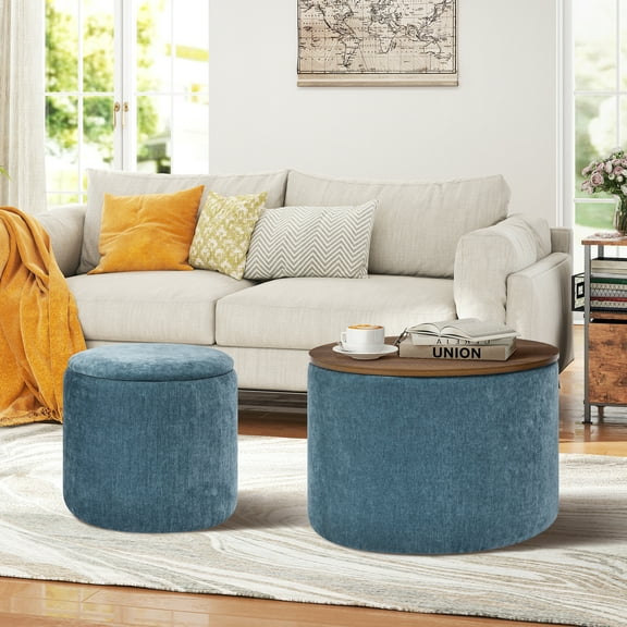 Aukfa 2-Piece Round Storage Ottoman Set,Chenille Coffee Table Footstool & Vanity Stool for Living Room/Bedroom/Entryway,Blue