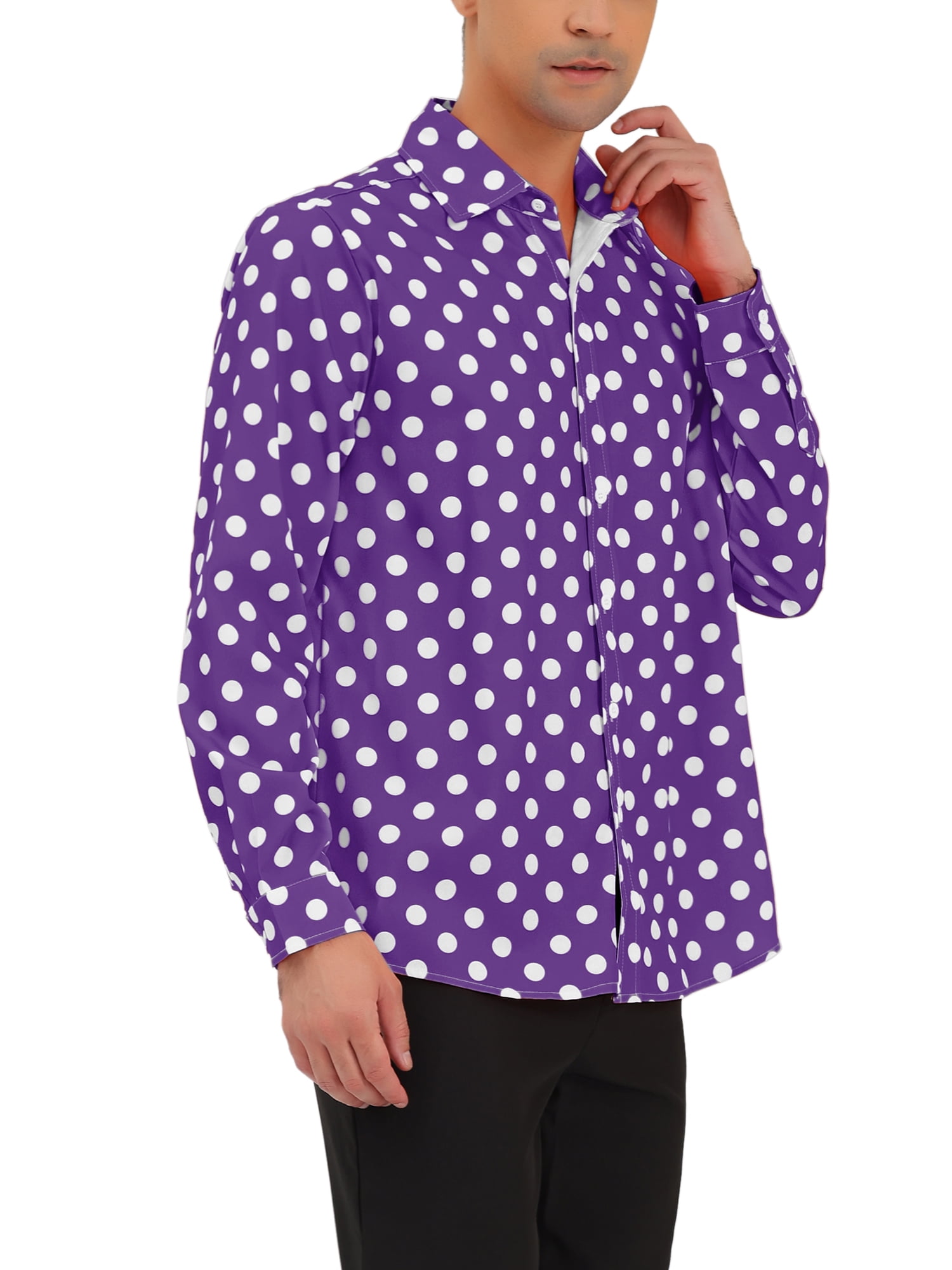 Unique Bargains Men's Long Sleeves Button Down Slim Fit Polka Dots Printed Dress Shirts 34 Purple