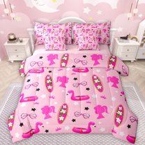 Manfei Princess Crown 7-Piece Bedding Comforter Set,Surfboard Sunglasses Stars King Bedding Sets,Hawaii Summer Holiday Bed Sheets For Girl,Super Cozy Room Decor Reversible