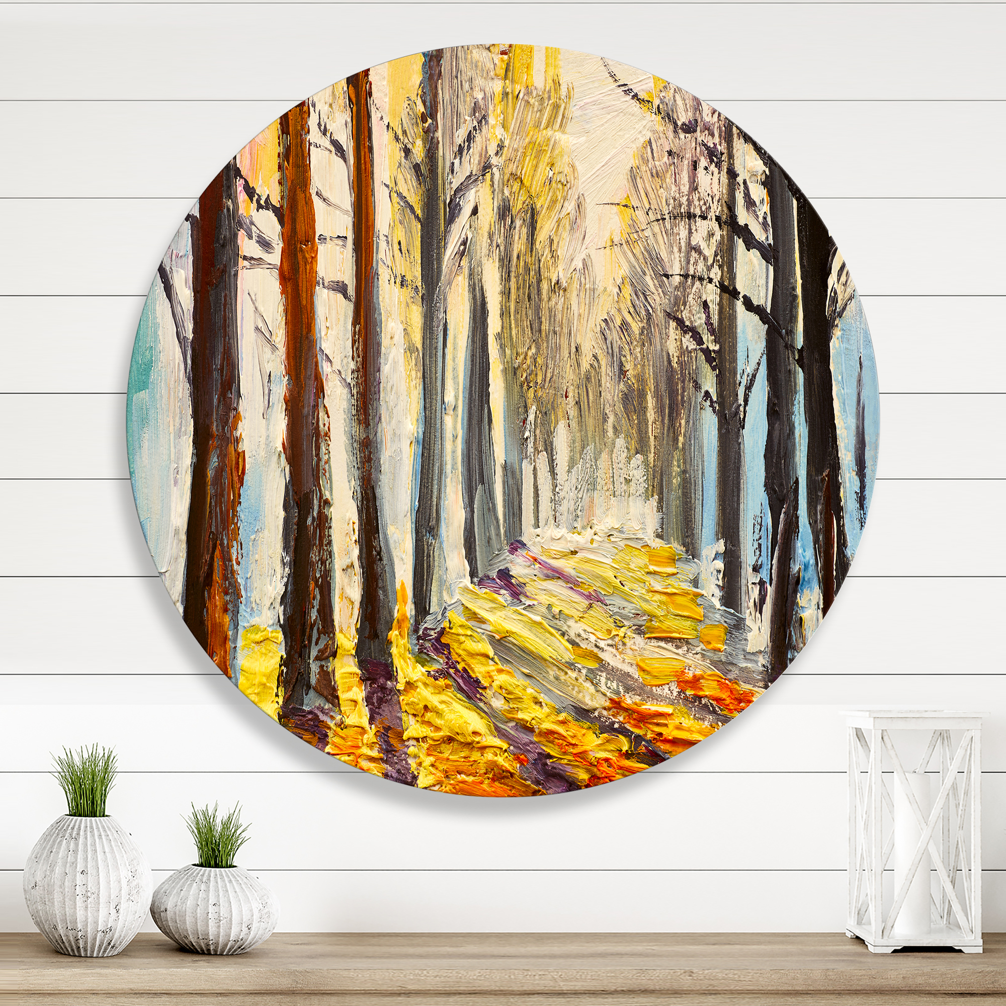 Designart 'Morning Glow Through The Autumn Trees' Lake House Circle Metal Wall Art 11x11 - Disc of 11