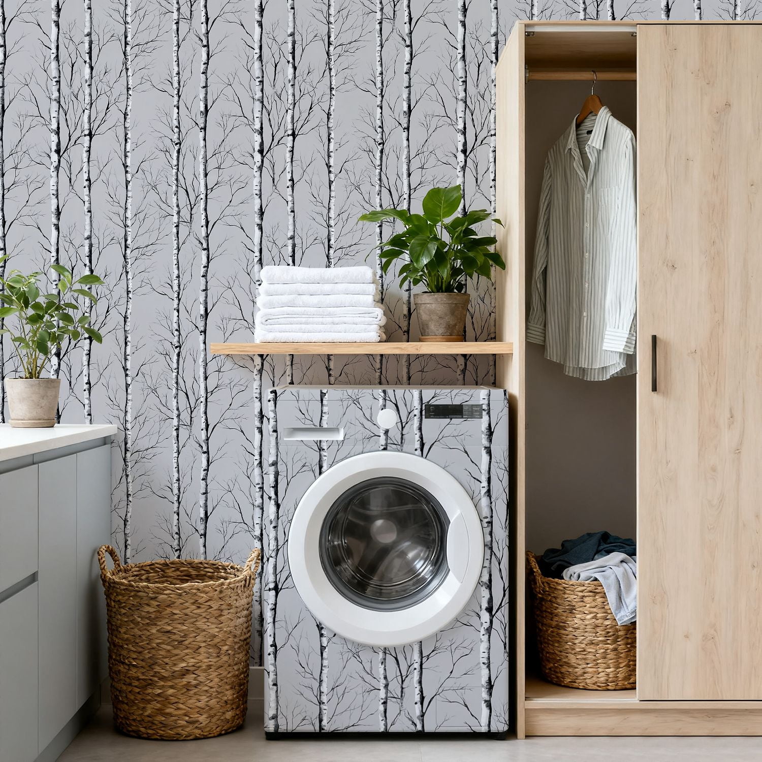 Peel and Stick Wallpaper 17.7in x 9.8ft Birch Trees Forest Black White Minimalist Nature Botanical Contact Paper Vinyl Waterproof Self Adhesive Wall Paper for Bedroom Shelf Cabinet Renter Friendly