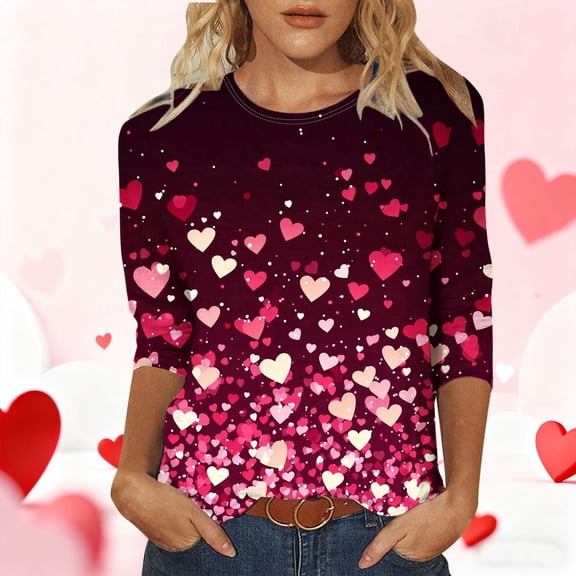 Dasayo Valentines Tops for Women Cute Sparkly 3/4 Sleeve Red Blouses Soft Round Neck Heart Shirts Shirts for Women L