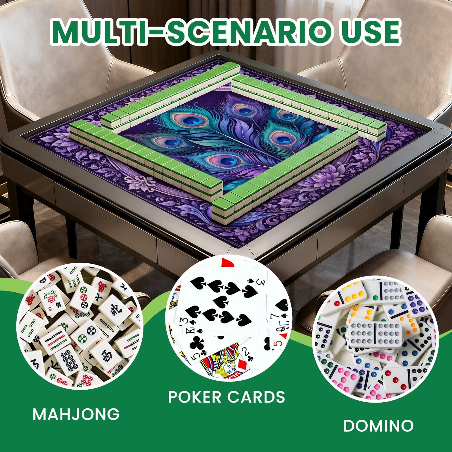 Mahjong Mat 31.5" x 31.5" Peacock Feather Purple Teal Ornamental Mandala Frame Non-Slip Noise Reduction Chic Portable Gaming Table Cover for Family Game Night & Gift