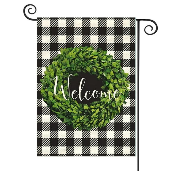 DMERBYL Fall Wreath Welcome Garden Flag 12x18 Inch Double Sided Outside, Small Burlap Buffalo Plaid Farmhouse Yard Outdoor Decoration