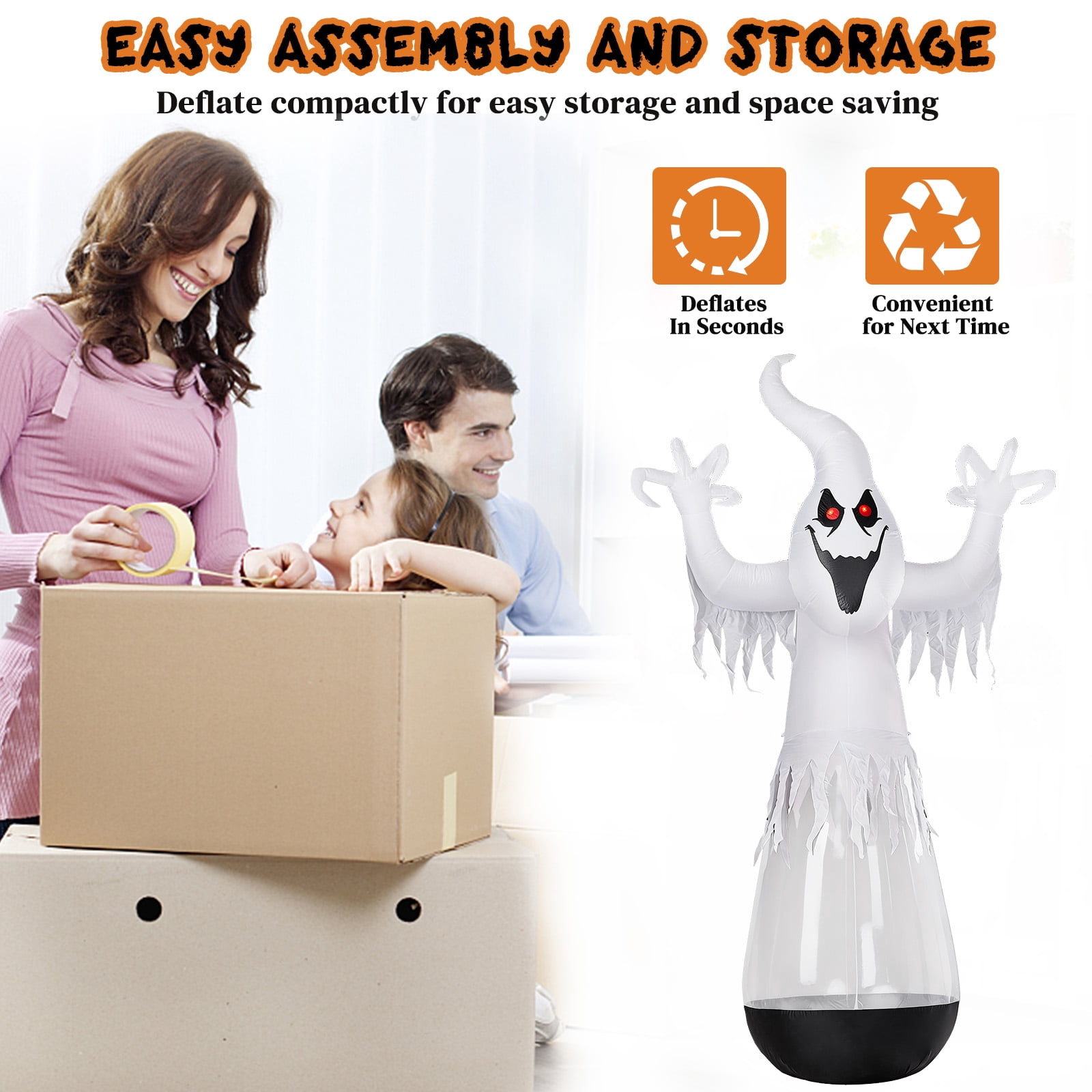 12ft Halloween Inflatable Half-Body Clear PVC White Ghost with 2 LED Lights