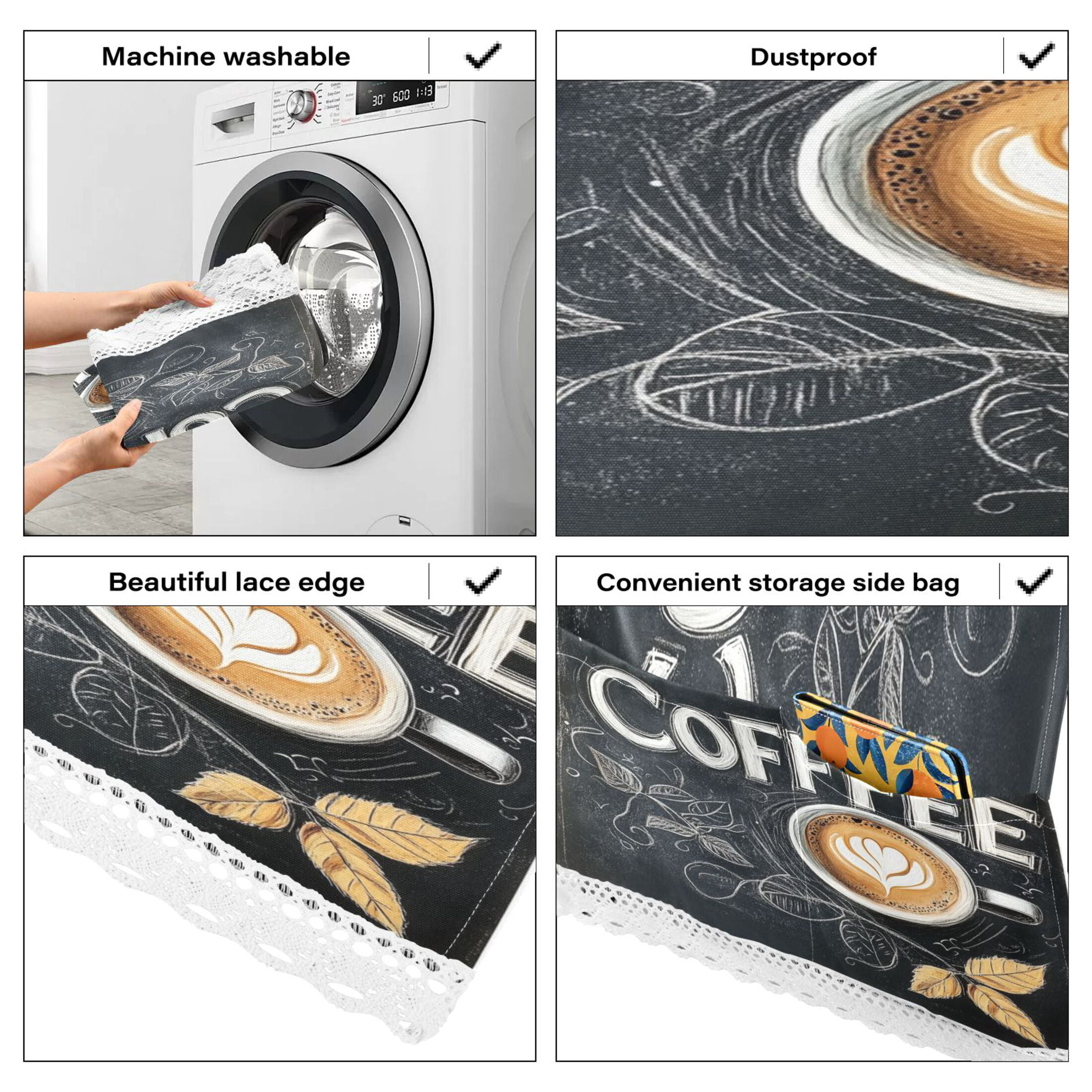 Coffee TimeWasher and Dryer Covers Dust-Proof and Oil Resistant Fridge Cover with 4 Storage Pockets Washing Machine Top Cover for Laundry Kitchen Home 51.2 x 22 In